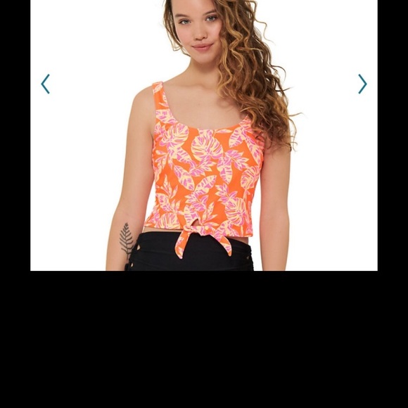 TRENDY TANKINI / YOGA TOP SIZE 1X FRONT TIE CROP TOP, MULTI PINK/ORANGE FLORAL - Picture 2 of 3